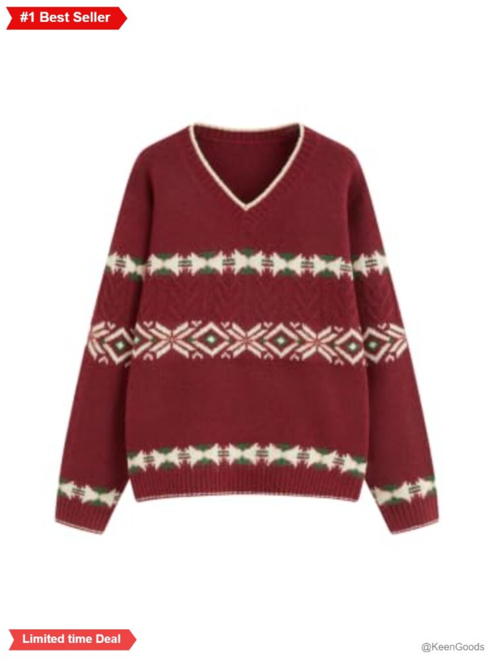 Wool Blend Oversized Fair Isle Cable Knit V-Neck Pullover Sweater